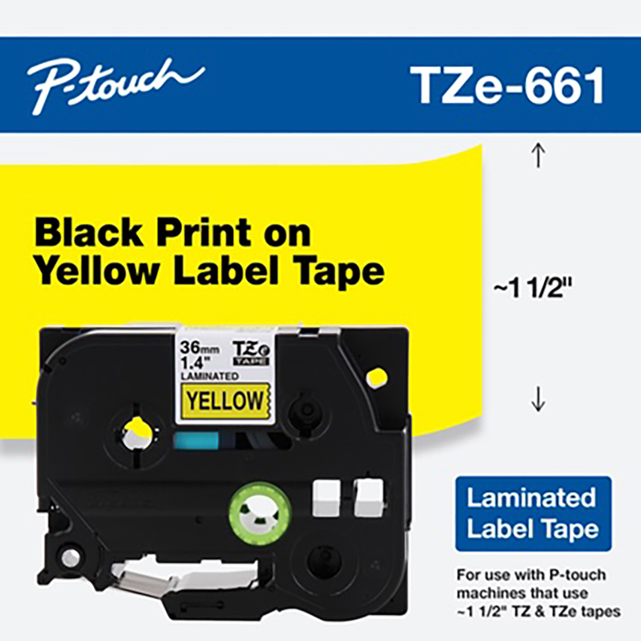 Brother TZe661G Black Print on Yellow Laminated Label Tape for P-Touch Label Printers - 1.4 Inch x 26.2 Foot - 6 Pack