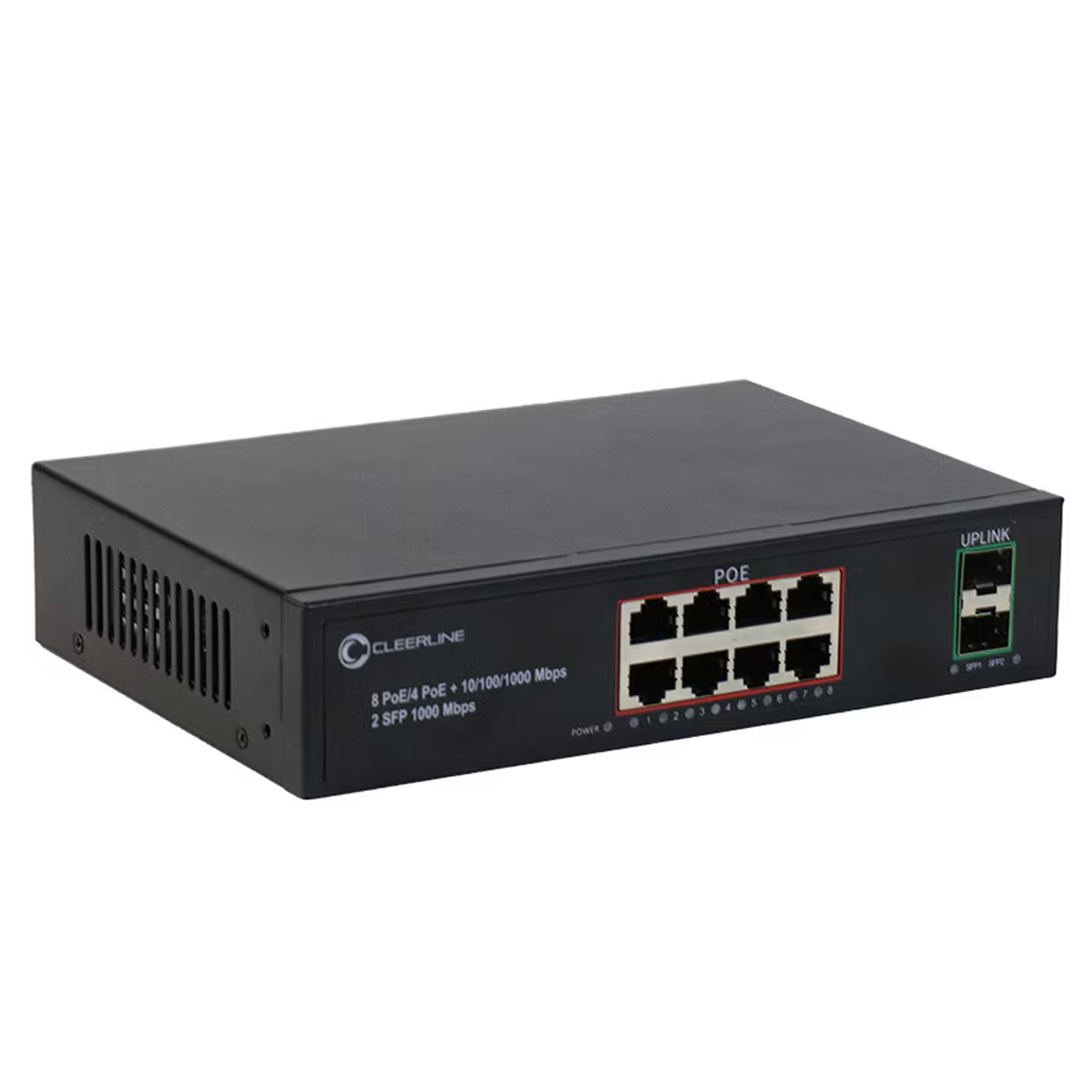 Cleerline SSF-2SFPx8RJ45POE-1G PoE+ Uplink Gigabit Non-Managed Ethernet Switch - Two SFPs to Eight RJ45 - 328ft Distance