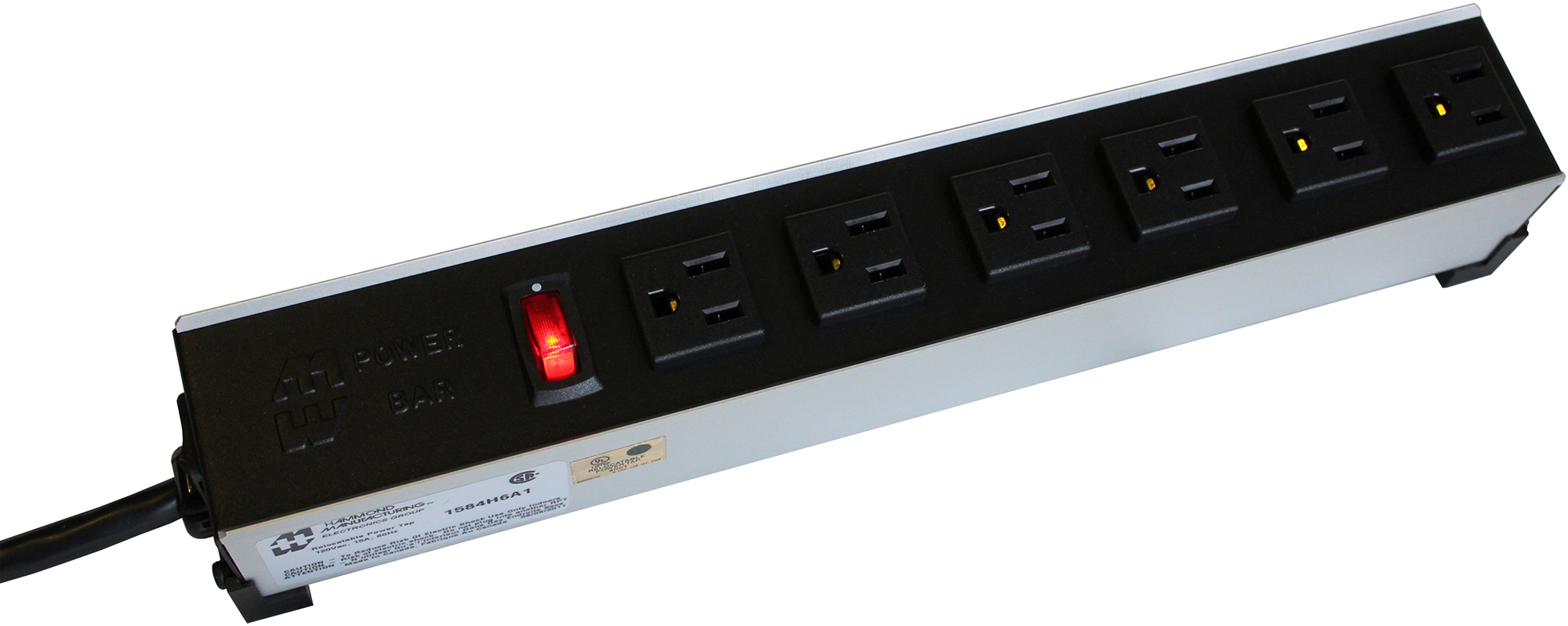 Hammond 1584H6B1 15A H.D. - 6 Outlet Strip w/ Switch - 15 Foot Cord - Outlets Front - Black