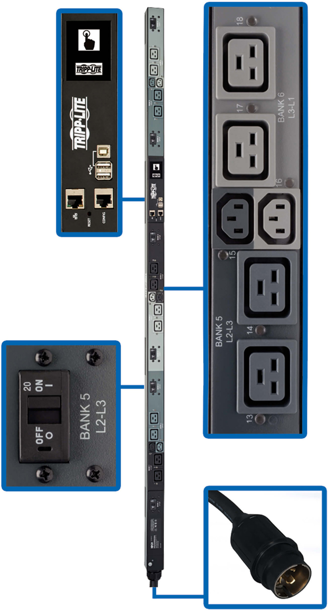 Tripp Lite PDU3EVNR6H50A PDU 3-Phase Monitored 6 C13 12 C19 208V 50A 14.4kW 0URM TAA PDU3EVNR6H50A