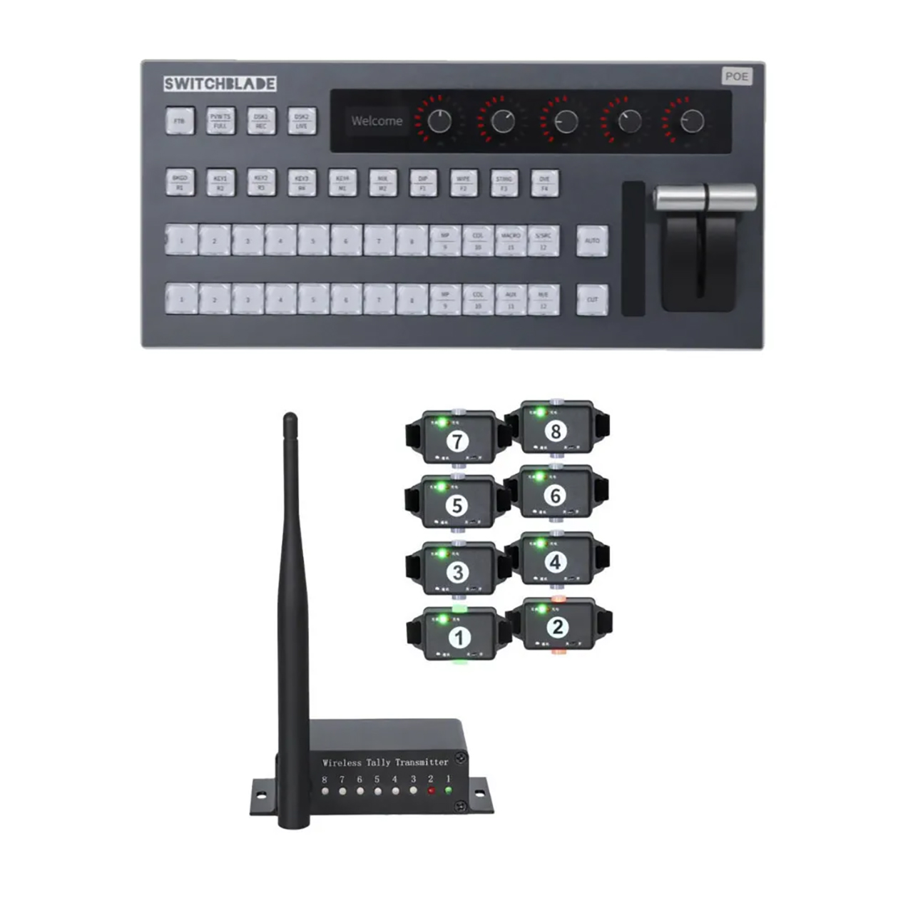 PTZCam PTZC-TALLY8-VMC12 8-Light Wireless Tally System Bundle with Switchblade VMC12 vMix 12-Channel Control Surface