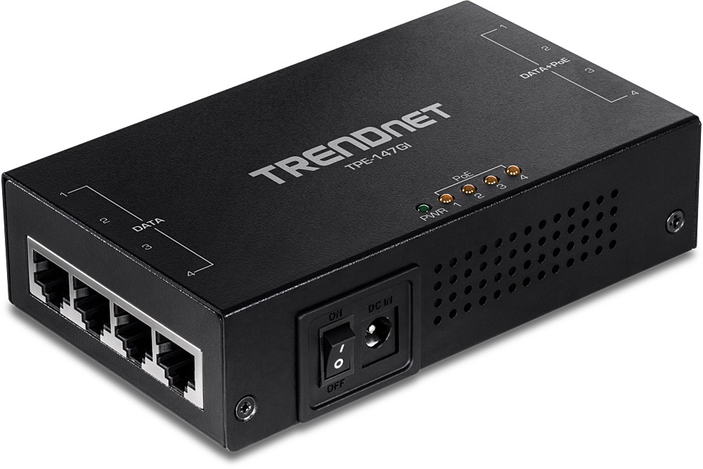 TRENDnet TPE-147GI 65 Watt 4-Port Gigabit PoE+ Injector/4x Gigabit Ports (Data in)/4x Gigabit PoE Ports (Data + PoE Out)