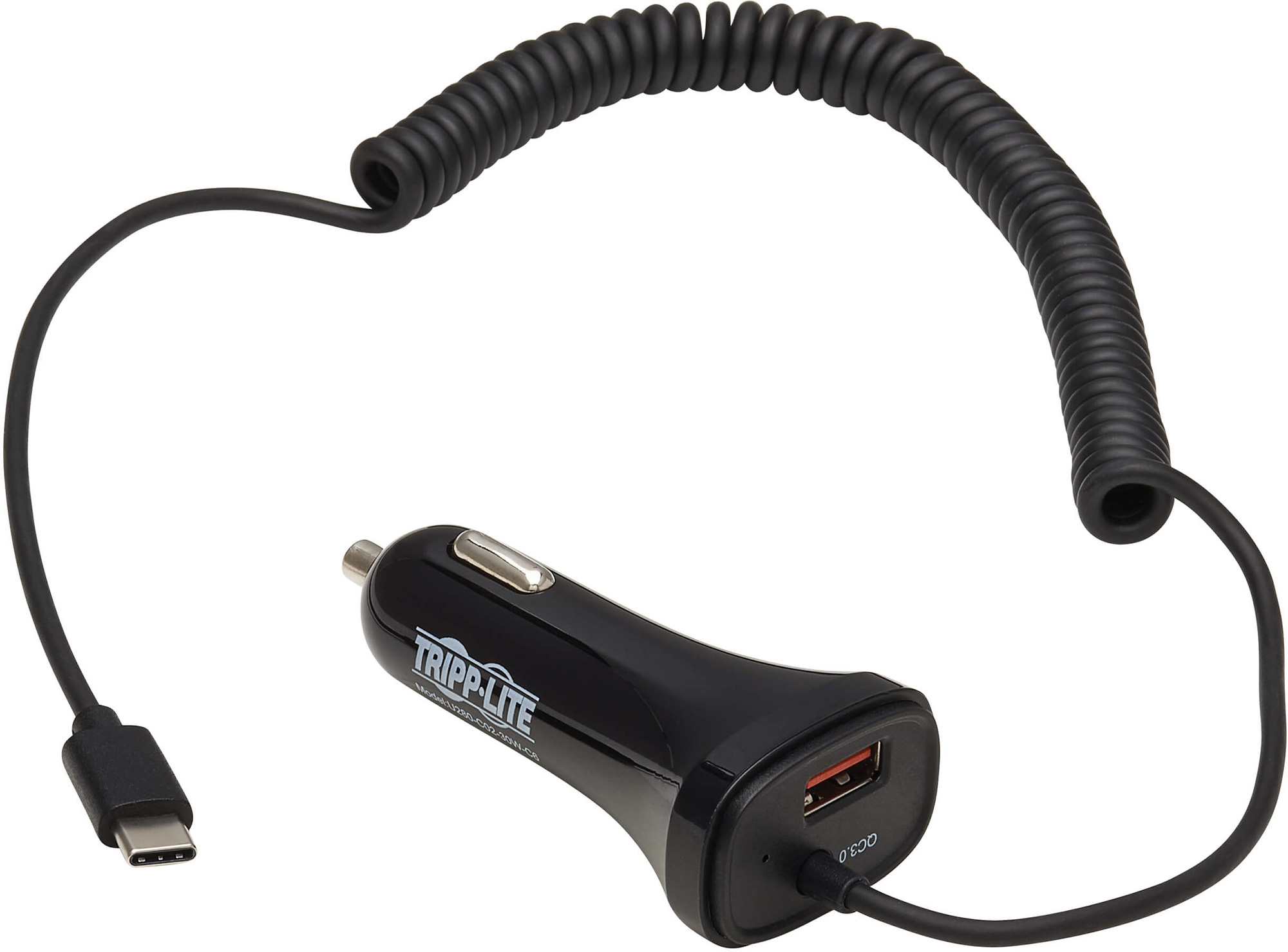 Tripp Lite U280-C02-30W-C6 USB Car Charger Dual Port 30W USB-A and USB-C with Coiled Cord - 6 Foot U280-C02-30W-C6