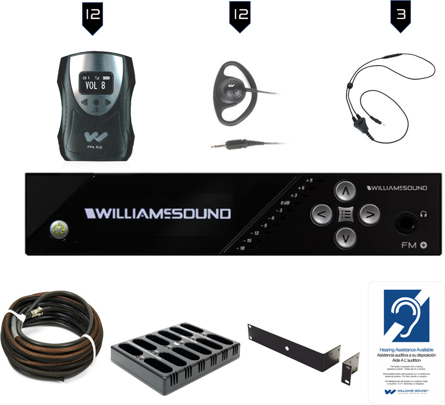 WILLIAMS AV FM 558-12 PRO D Plus Large-area Dual FM & Wi-Fi Assistive Listening System with Dante & 12 FM R38 Receivers  FM 558-12 PRO D