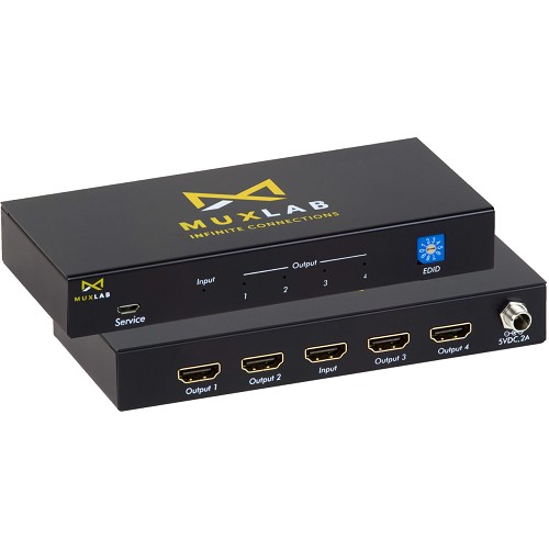 MuxLab 100506 1x4 4K60 HDMI 2.0 Splitter - HDCP 1.4 and 2.2 Compliant 